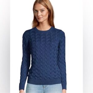 Lands' End Cable Knit Chunky Cotton Drifter Sweater navy  S preppy fisherman